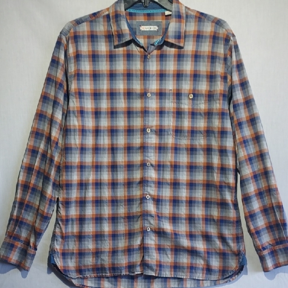 32 Bar‎ Blues checkered plaid 100% cotton long sleeve button-up men's shirt L